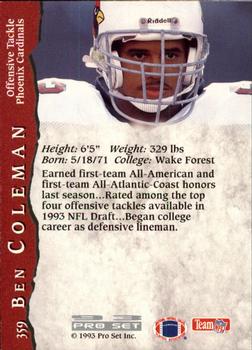 1993 Pro Set #359 Ben Coleman Back