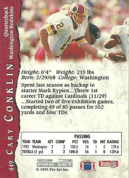 1993 Pro Set #449 Cary Conklin Back