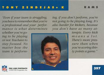 1992 Pro Line Portraits #397 Tony Zendejas Back