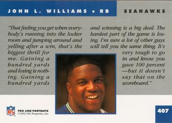 1992 Pro Line Portraits #407 John L. Williams Back