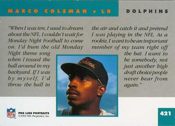 1992 Pro Line Portraits #421 Marco Coleman Back