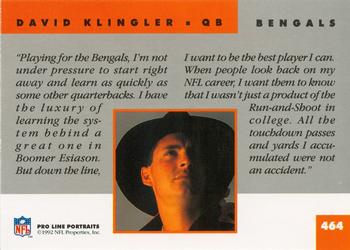 1992 Pro Line Portraits #464 David Klingler  Back