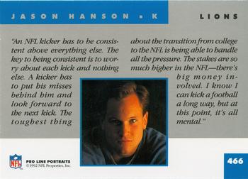 1992 Pro Line Portraits #466 Jason Hanson  Back