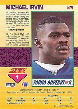 1992 Score - Young Superstars #1 Michael Irvin Back
