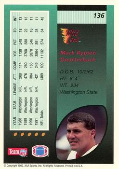 1992 Wild Card - 100 Stripe #136 Mark Rypien Back