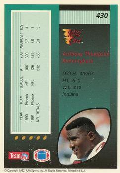 1992 Wild Card - 100 Stripe #430 Anthony Thompson Back