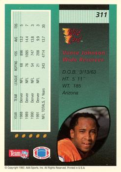 1992 Wild Card - 1000 Stripe #311 Vance Johnson Back