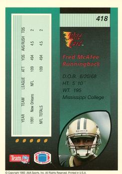 1992 Wild Card - 1000 Stripe #418 Fred McAfee Back