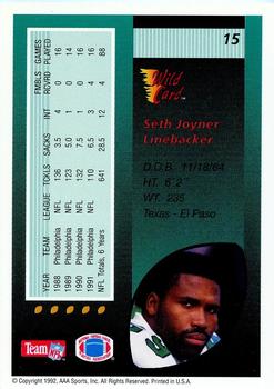 1992 Wild Card - 20 Stripe #15 Seth Joyner Back
