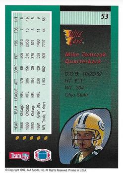 1992 Wild Card - 20 Stripe #53 Mike Tomczak Back