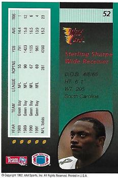 1992 Wild Card - 50 Stripe #52 Sterling Sharpe Back