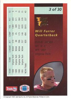 1992 Wild Card - Red Hot Rookies Gold #3 Will Furrer Back