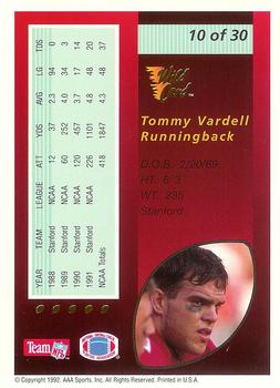 1992 Wild Card - Red Hot Rookies Gold #10 Tommy Vardell Back