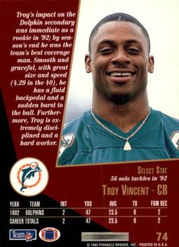 1993 Select #74 Troy Vincent Back
