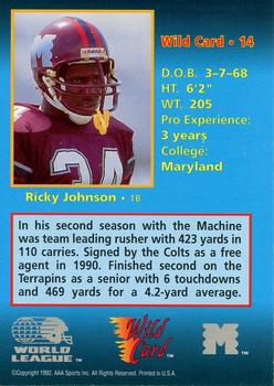 1992 Wild Card WLAF #14 Ricky Johnson Back