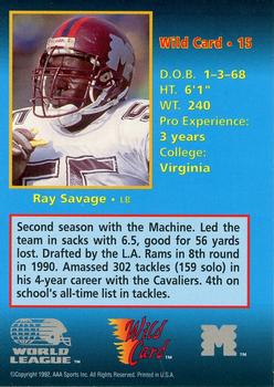 1992 Wild Card WLAF #15 Ray Savage Back