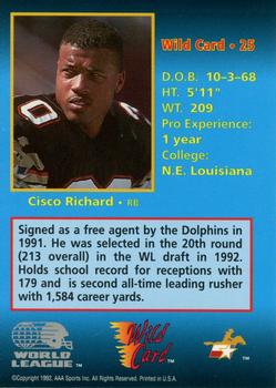 1992 Wild Card WLAF #25 Cisco Richard Back