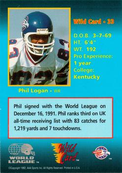 1992 Wild Card WLAF #33 Phil Logan Back