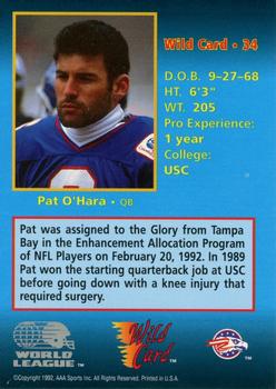 1992 Wild Card WLAF #34 Pat O'Hara Back