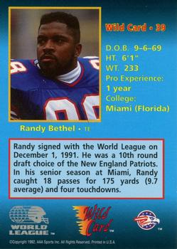1992 Wild Card WLAF #39 Randy Bethel Back