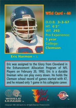 1992 Wild Card WLAF #40 Eric Harmon Back