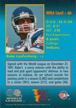 1992 Wild Card WLAF #43 Babe Laufenberg Back