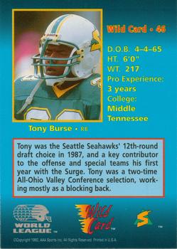 1992 Wild Card WLAF #46 Tony Burse Back