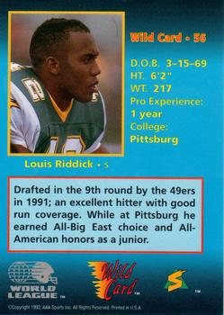 1992 Wild Card WLAF #56 Louis Riddick Back