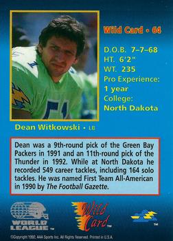 1992 Wild Card WLAF #64 Dean Witkowski Back