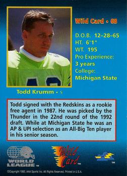 1992 Wild Card WLAF #68 Todd Krumm Back