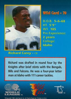 1992 Wild Card WLAF #70 Richard Carey Back