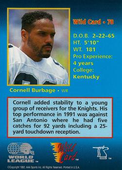 1992 Wild Card WLAF #78 Cornell Burbage Back