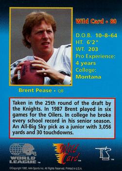1992 Wild Card WLAF #80 Brent Pease Back