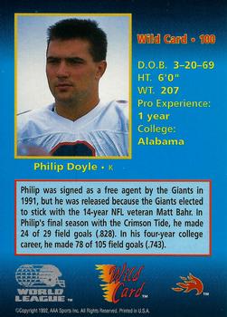 1992 Wild Card WLAF #100 Philip Doyle Back