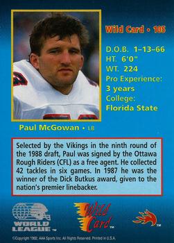 1992 Wild Card WLAF #105 Paul McGowan Back