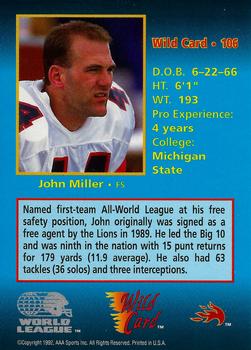 1992 Wild Card WLAF #106 John Miller Back