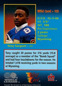 1992 Wild Card WLAF #113 Tony Sargent Back