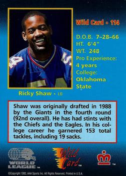 1992 Wild Card WLAF #114 Ricky Shaw Back