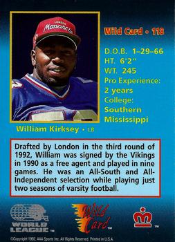 1992 Wild Card WLAF #118 William Kirksey Back