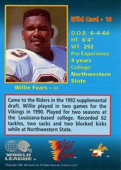1992 Wild Card WLAF - 10 Stripe #18 Willie Fears Back