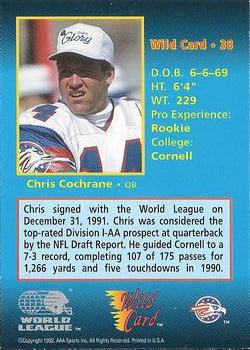 1992 Wild Card WLAF - 10 Stripe #38 Chris Cochrane Back