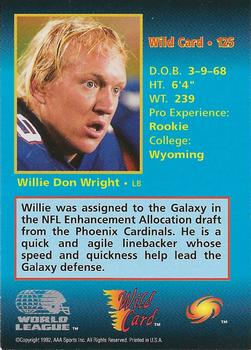 1992 Wild Card WLAF - 10 Stripe #125 Willie Don Wright Back