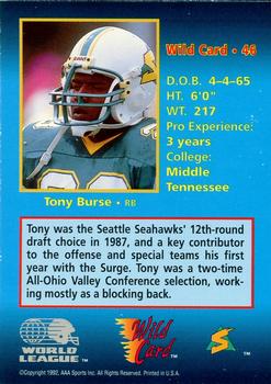 1992 Wild Card WLAF - 100 Stripe #46 Tony Burse Back