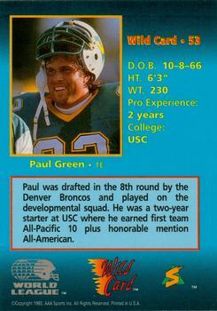 1992 Wild Card WLAF - 100 Stripe #53 Paul Green Back