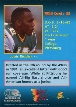 1992 Wild Card WLAF - 100 Stripe #56 Louis Riddick Back