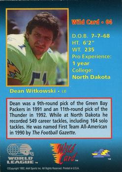 1992 Wild Card WLAF - 100 Stripe #64 Dean Witkowski Back