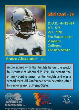 1992 Wild Card WLAF - 100 Stripe #72 Andre Alexander Back