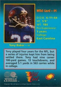1992 Wild Card WLAF - 100 Stripe #91 Tony Baker Back