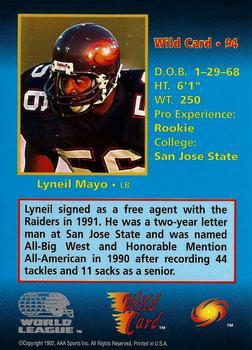 1992 Wild Card WLAF - 100 Stripe #94 Lyneil Mayo Back