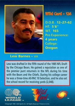 1992 Wild Card WLAF - 100 Stripe #124 Lew Barnes Back